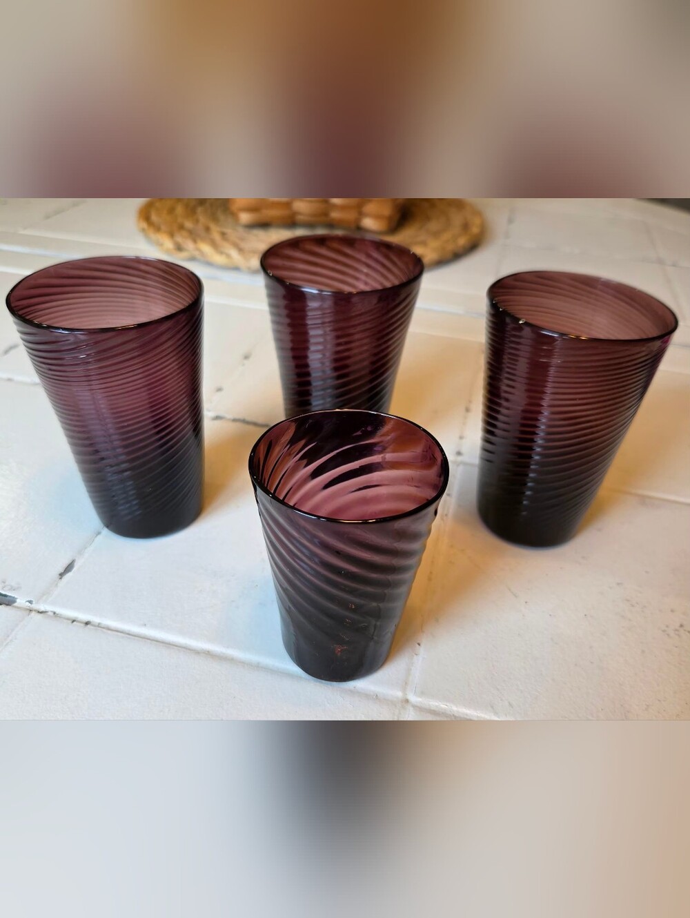 Set of 3+1 Vtg Avalos Mexican Amethyst Drinking Glass HandBlown Purple Swirl MCM